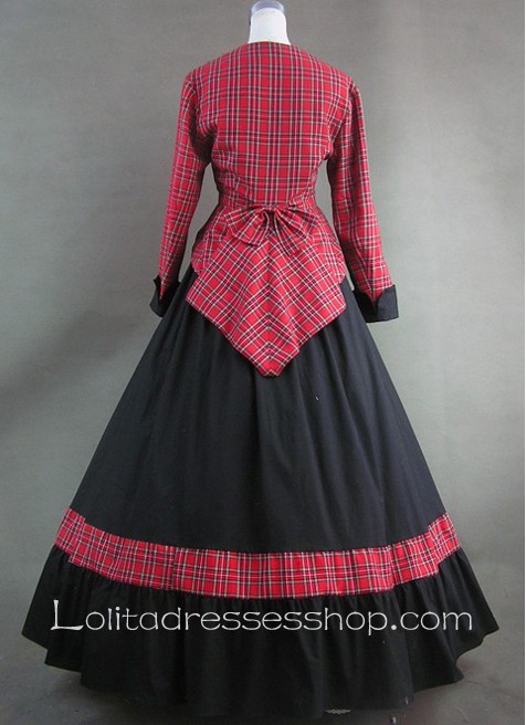 Red Plaid and Bows Black Long Skirt Gothic Victorian Lolita Dress