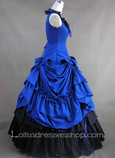 Tiers Ruffled Gorgeous Jewelry Blue and Black Gothic Victorian Lolita Dress