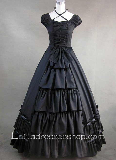 Black Cotton Bow and Buttons Decoration Gothic Victorian Lolita Dress