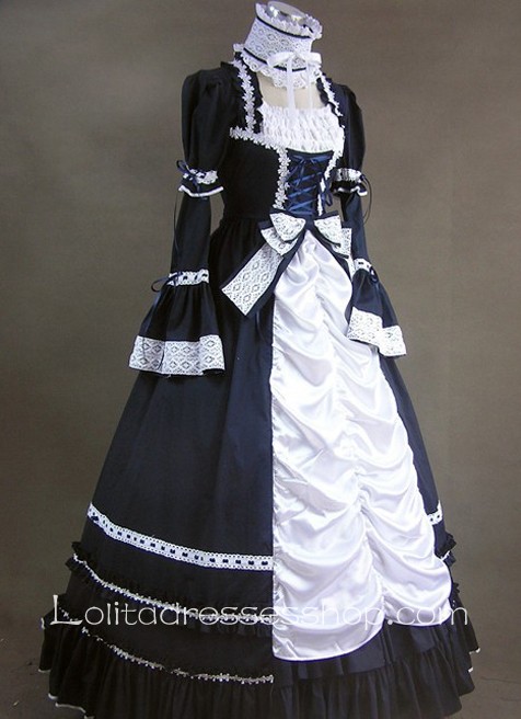 Aristocrat Style Black and White Ruffled Gothic Victorian Lolita Dress