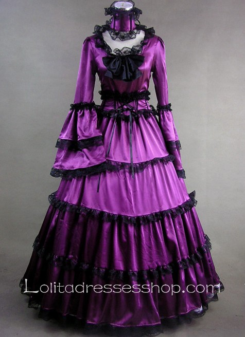 Gothic Victorian Elegant Purple Satin Black Lace Decoration Lolita Dress