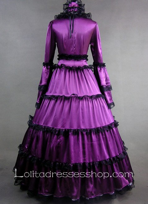 Gothic Victorian Elegant Purple Satin Black Lace Decoration Lolita Dress