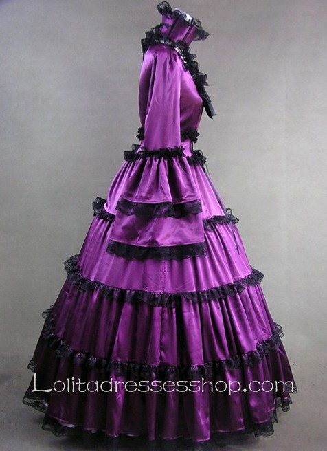 Gothic Victorian Elegant Purple Satin Black Lace Decoration Lolita Dress