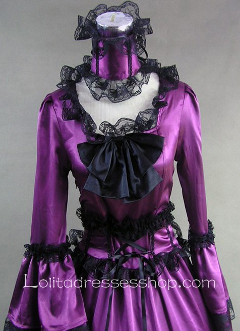 Gothic Victorian Elegant Purple Satin Black Lace Decoration Lolita Dress