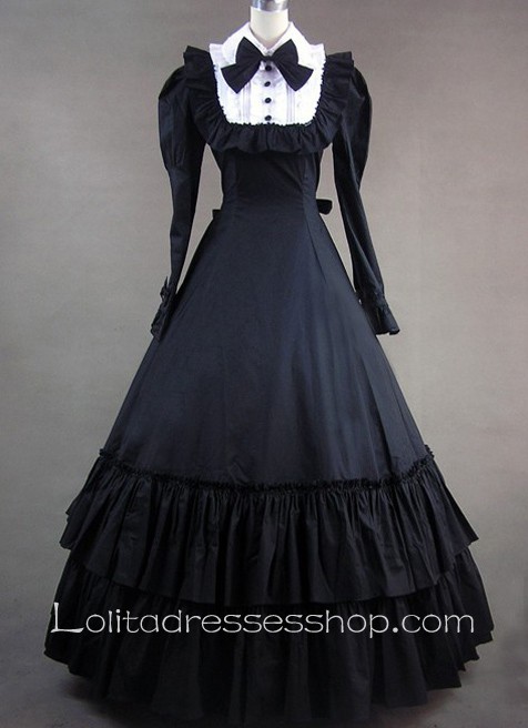 Gothic Victorian Black and White Bow and Buttons Decoration Lolita Dress