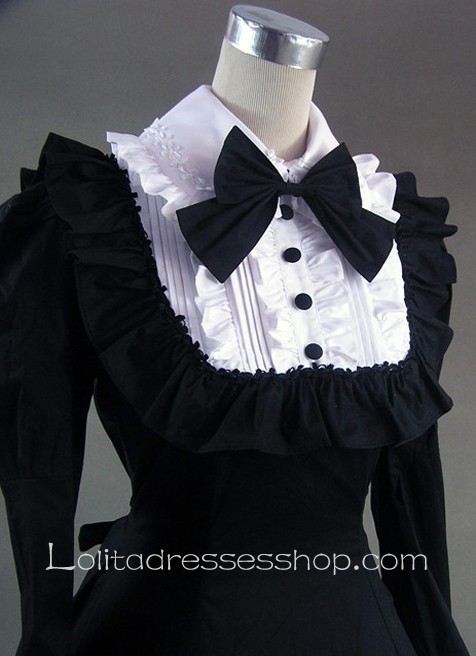 Gothic Victorian Black and White Bow and Buttons Decoration Lolita Dress