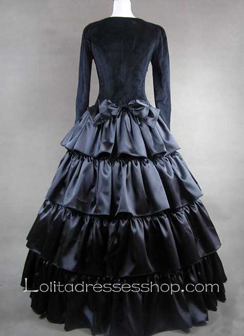 Gothic Victorian Aristocrat Pure Black Bow Tiers Lolita Dress