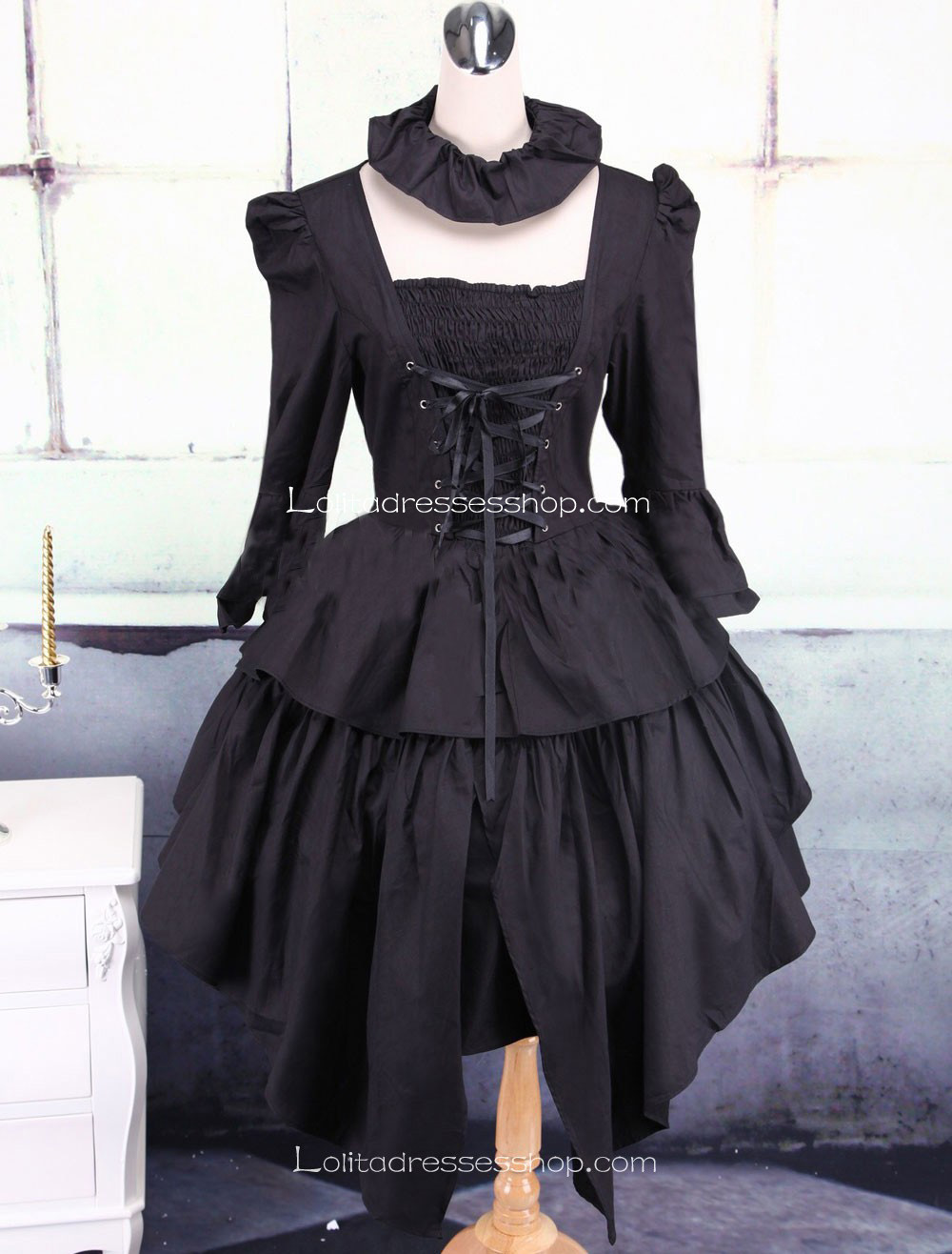 Black Cotton Square Neck Ruffles Punk Lolita Dress