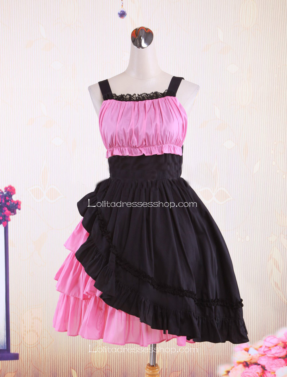 Pink Black Cotton Straps Sleeveless Tiered Punk Lolita Dress