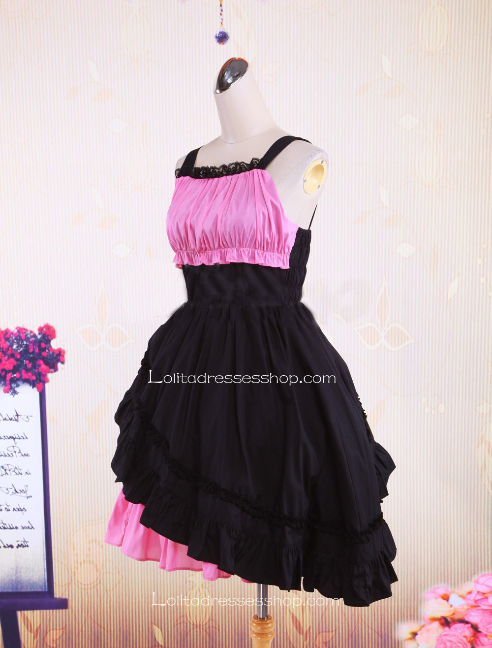 Pink Black Cotton Straps Sleeveless Tiered Punk Lolita Dress
