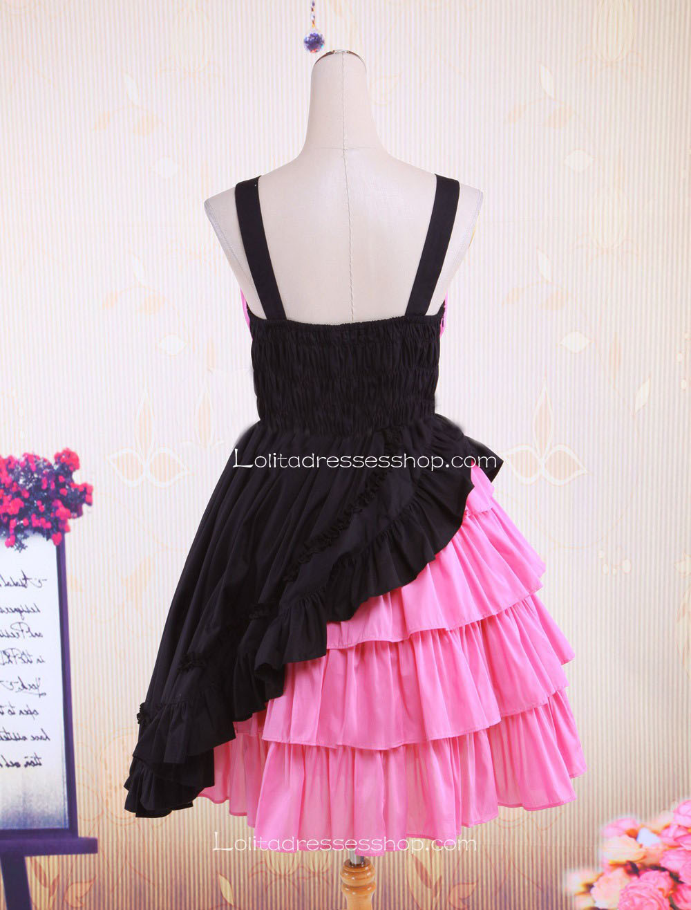 Pink Black Cotton Straps Sleeveless Tiered Punk Lolita Dress