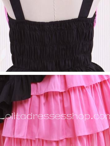 Pink Black Cotton Straps Sleeveless Tiered Punk Lolita Dress