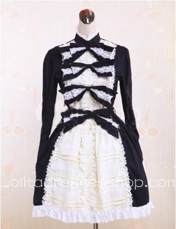 Sweet Princess Black White Bow Lace High Collar Punk Lolita Dress