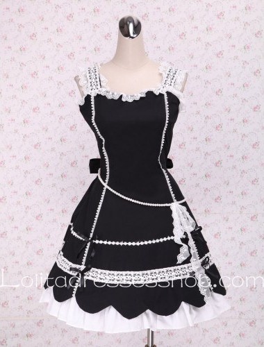 White lacing Hem Patel Shaped Skirt Black Punk LOlita Dress