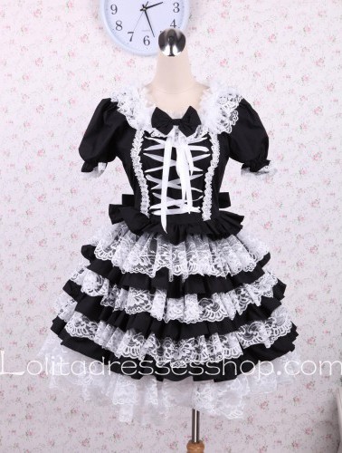 White lacing Bow Tie Puff Sleeves Punk LOlita Dress