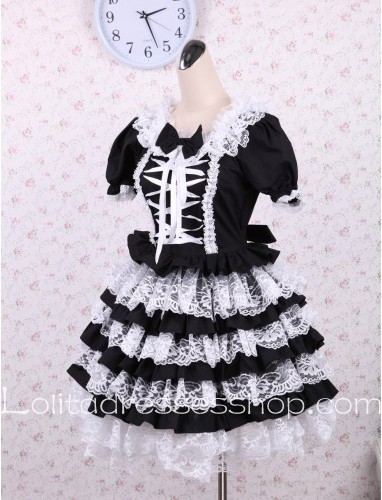 White lacing Bow Tie Puff Sleeves Punk LOlita Dress