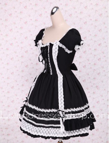 White lacing Crossing Ribbon Ties Hem Short Punk LOlita Dress