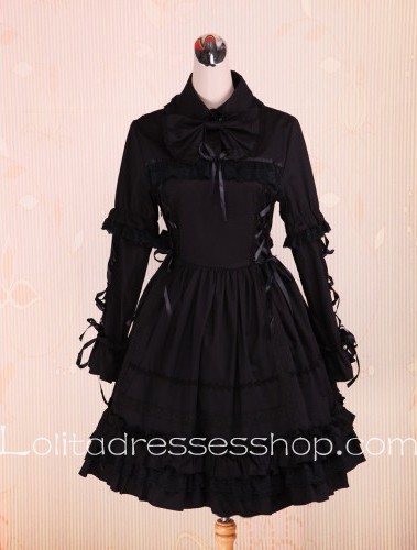 Flouncing Hem Long Sleeve Black Punk LOlita Dress