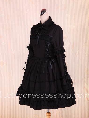 Flouncing Hem Long Sleeve Black Punk LOlita Dress