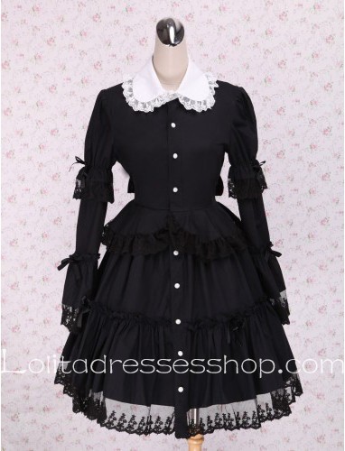 White Lace Lapel Long Sleeves Black Punk LOlita Dress