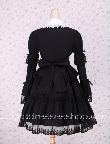 White Lace Lapel Long Sleeves Black Punk LOlita Dress