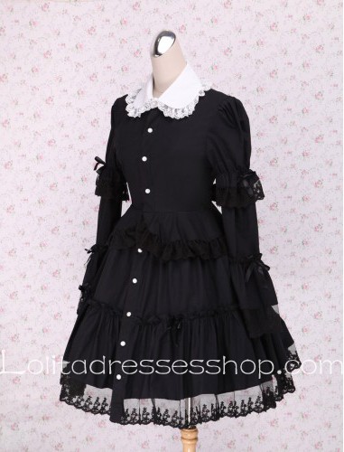White Lace Lapel Long Sleeves Black Punk LOlita Dress