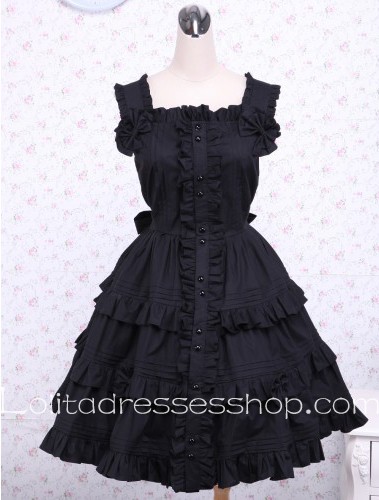 Black Sleeves Bow and Button Decoration Flounce Punk LOlita Dress