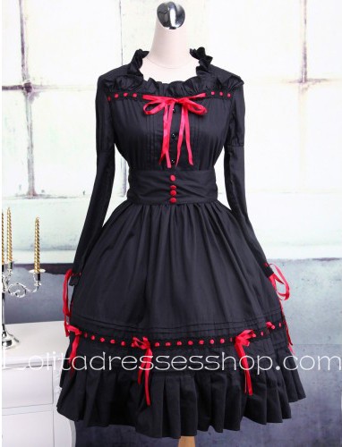 Round Ruffled Collar Red Ribbon Bow Black Punk LOlita Dress
