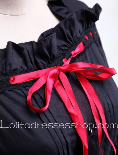 Round Ruffled Collar Red Ribbon Bow Black Punk LOlita Dress