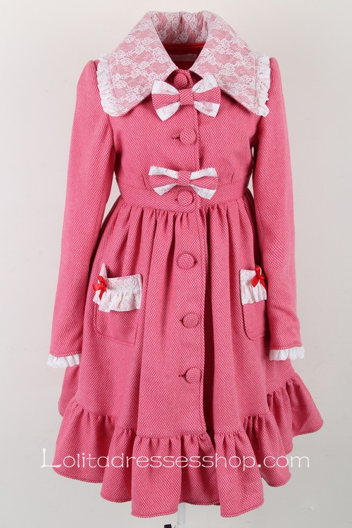 Pink Red Wool Lapel Long Sleeves Bow Pocket Button Sweet Lolita Coat