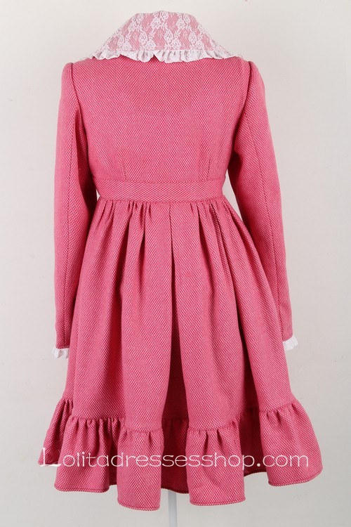 Pink Red Wool Lapel Long Sleeves Bow Pocket Button Sweet Lolita Coat