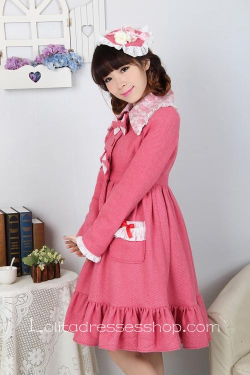 Pink Red Wool Lapel Long Sleeves Bow Pocket Button Sweet Lolita Coat