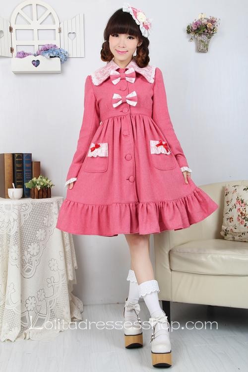 Pink Red Wool Lapel Long Sleeves Bow Pocket Button Sweet Lolita Coat