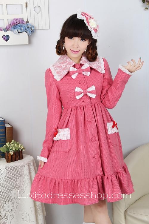 Pink Red Wool Lapel Long Sleeves Bow Pocket Button Sweet Lolita Coat