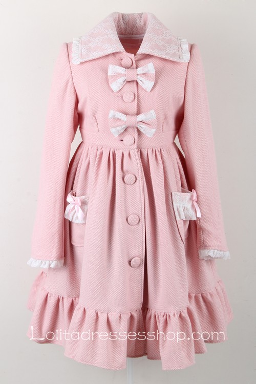 Pink Wool Lapel Long Sleeves Bow Pocket Button Sweet Lolita Coat