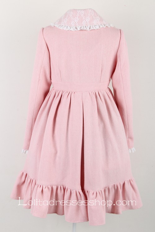 Pink Wool Lapel Long Sleeves Bow Pocket Button Sweet Lolita Coat