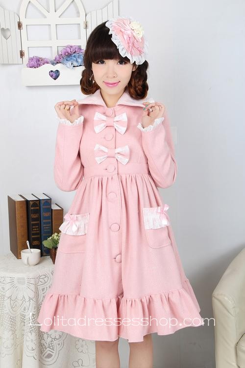 Pink Wool Lapel Long Sleeves Bow Pocket Button Sweet Lolita Coat