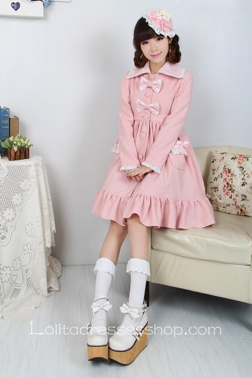 Pink Wool Lapel Long Sleeves Bow Pocket Button Sweet Lolita Coat