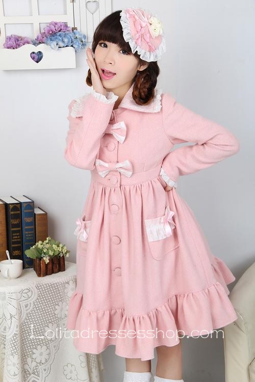 Pink Wool Lapel Long Sleeves Bow Pocket Button Sweet Lolita Coat