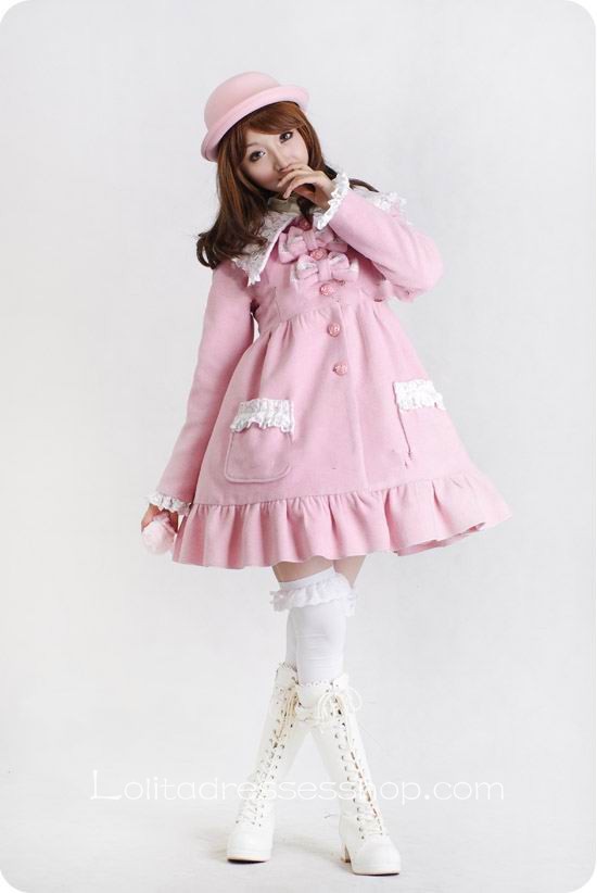 Pink Wool Blended Woolen Doll Collar Lace Trim Button Sweet Lolita Coat