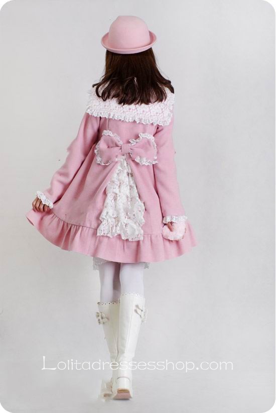 Pink Wool Blended Woolen Doll Collar Lace Trim Button Sweet Lolita Coat