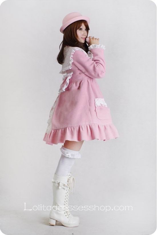 Pink Wool Blended Woolen Doll Collar Lace Trim Button Sweet Lolita Coat