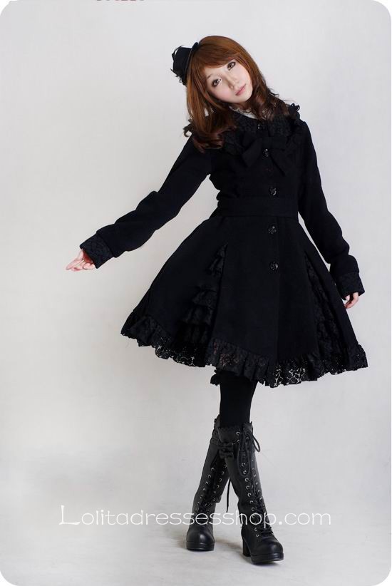 Black Wool Blended Woolen Doll Collar BlackLace Trim Button Bow Lolita Coat