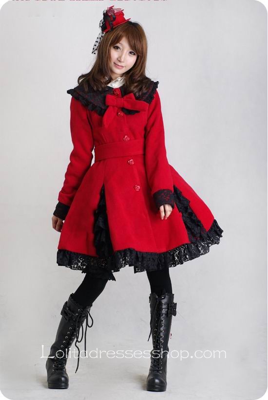 Red Wool Blended Woolen Doll Collar BlackLace Trim Button Bow Lolita Coat