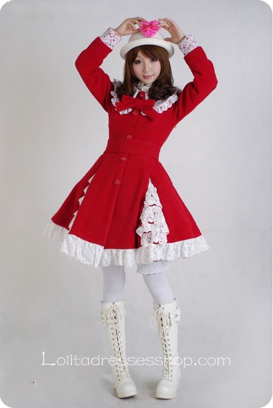 Red Wool Blended Woolen Doll Collar WhiteLace Trim Button Bow Lolita Coat