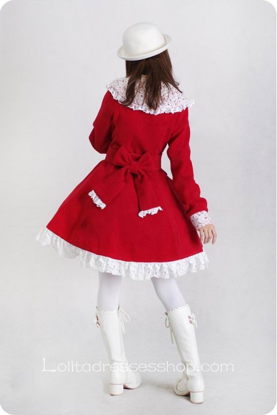 Red Wool Blended Woolen Doll Collar WhiteLace Trim Button Bow Lolita Coat