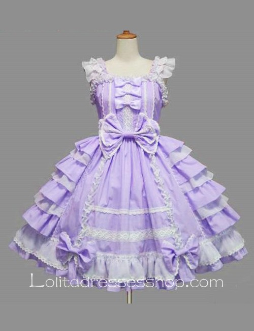 Lolita Purple Cotton Square Neck Cap Sleeve knee-length Ruffles Bow Sweet Dress