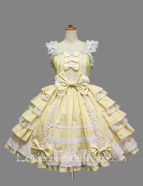 Lolita Light Yellow Cotton White Lace Square Neck Cap Sleeve knee-length Ruffles Bow Sweet Dress