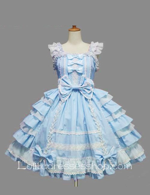 Lolita Blue Cotton White Lace Square Neck Cap Sleeve knee-length Ruffles Bow Sweet Dress