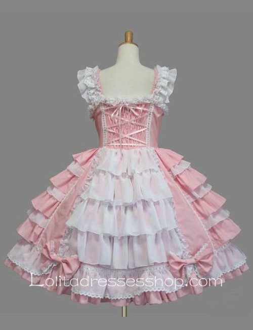 Lolita Pink Cotton White Lace Square Neck Cap Sleeve knee-length Ruffles Bow Sweet Dress